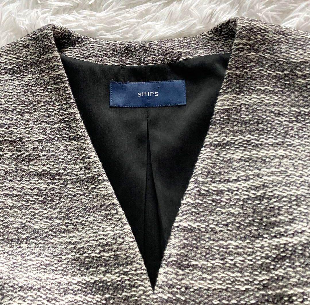 【SHIPS】ツイード調 スーツ セットアップ スカート ノーカラー 裏地付き