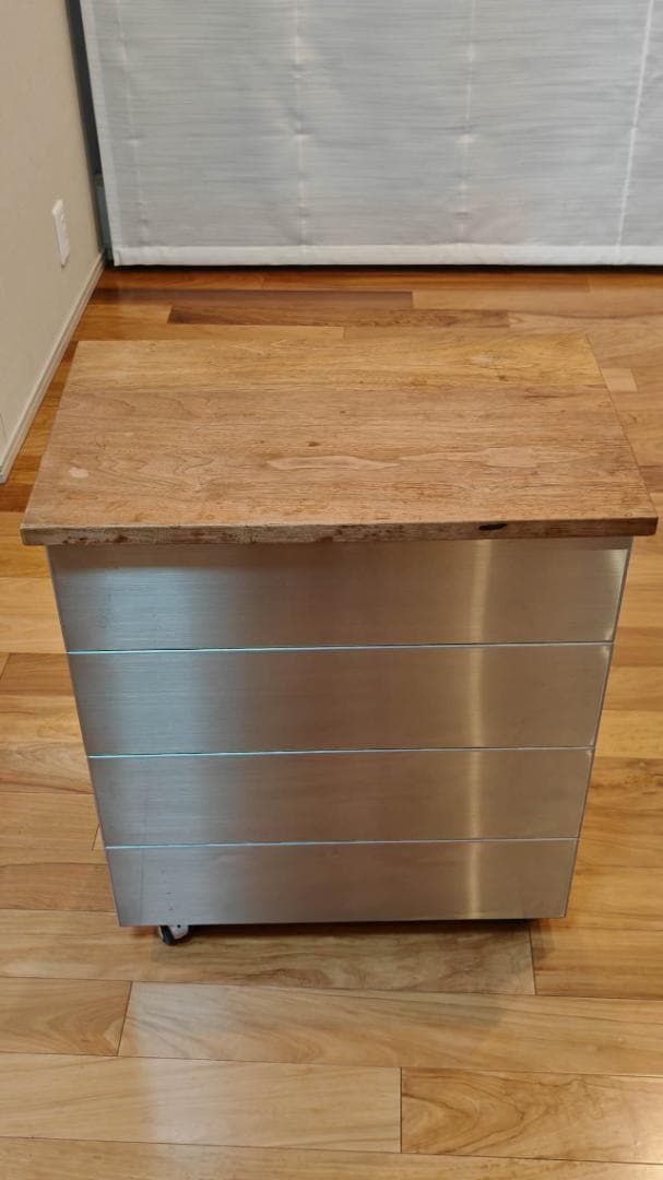 美品　【希少デザイン】ステンレスダストボックス／ゴミ箱 無垢材製天板付き