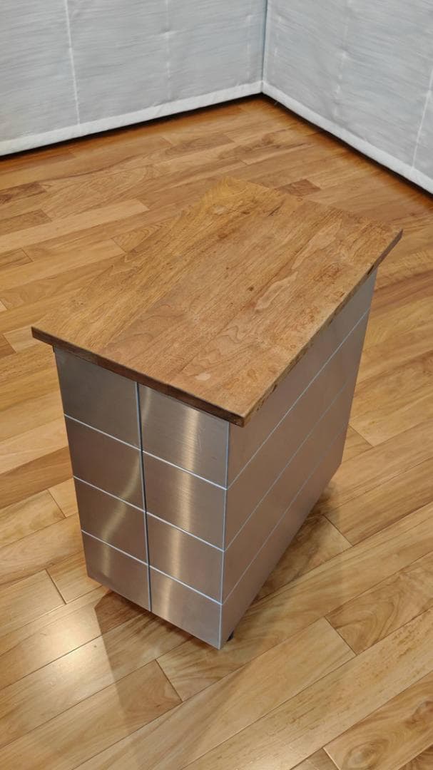 美品　【希少デザイン】ステンレスダストボックス／ゴミ箱 無垢材製天板付き