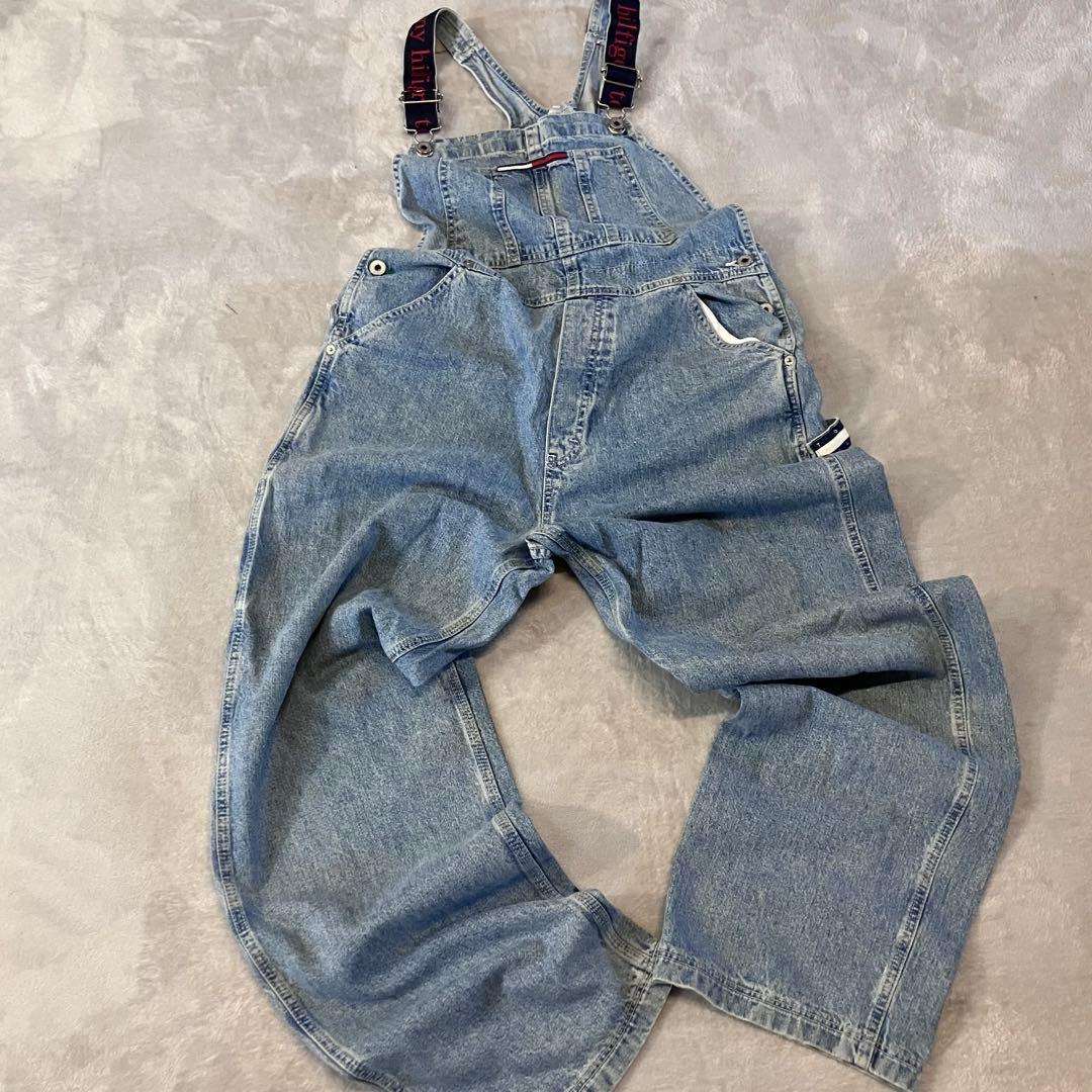 90sトミージーンズ　カナダ製オーバーオール肩紐切り替えデザイントリコロール刺繍