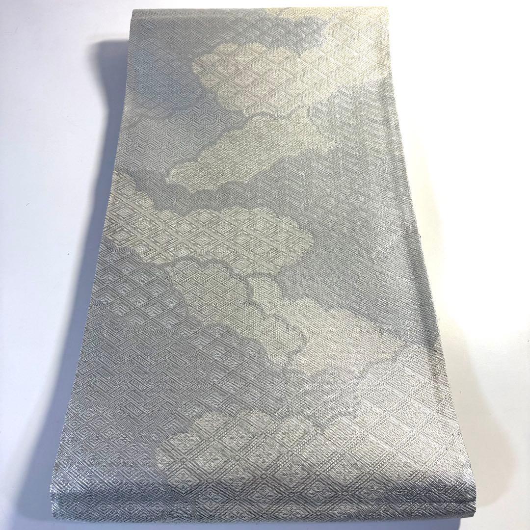 6k115 袋帯　絹　佐賀錦　菱文　銀色　白　柄物　和装　着物