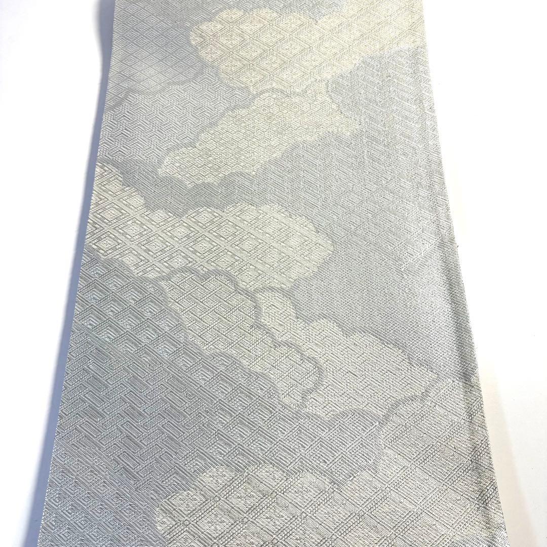 6k115 袋帯　絹　佐賀錦　菱文　銀色　白　柄物　和装　着物