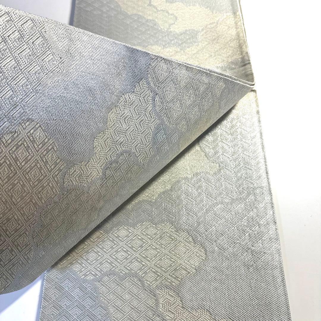 6k115 袋帯　絹　佐賀錦　菱文　銀色　白　柄物　和装　着物