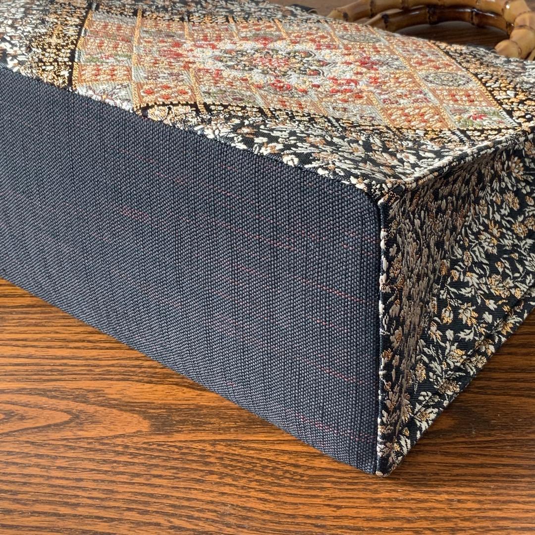 きらめく菱花文の帯　リメイク　バンブーハンドルバッグ　浅型マチ広め