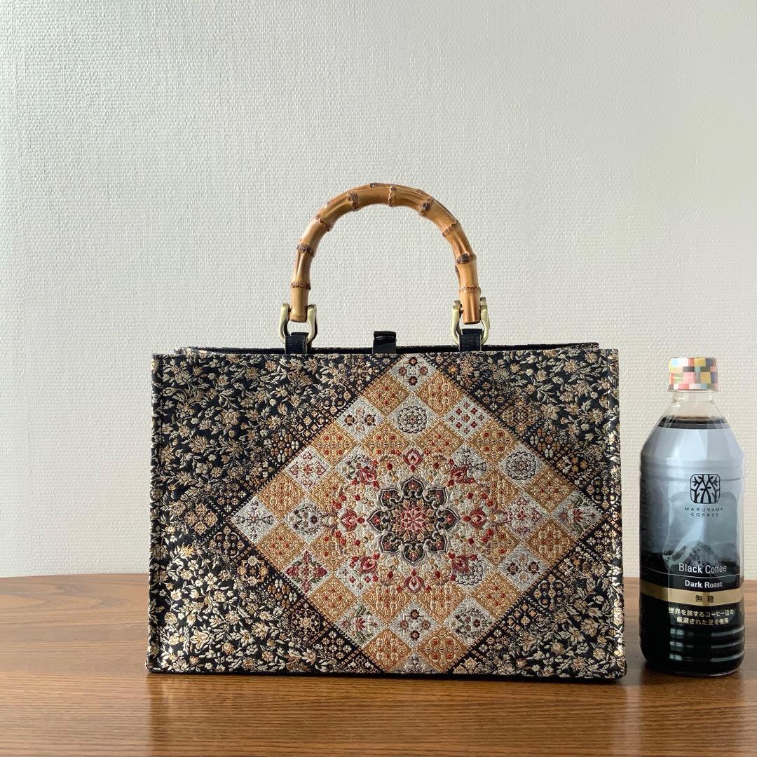きらめく菱花文の帯　リメイク　バンブーハンドルバッグ　浅型マチ広め