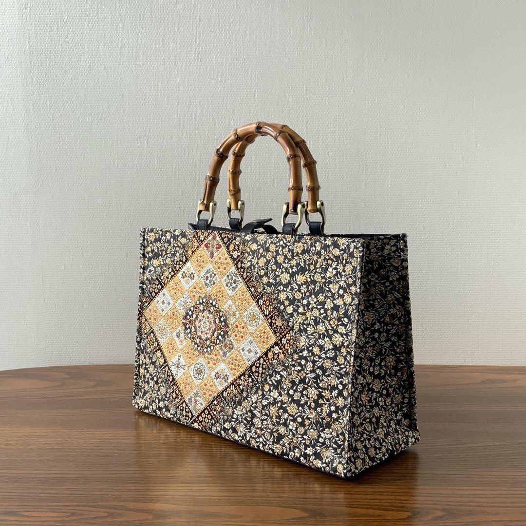 きらめく菱花文の帯　リメイク　バンブーハンドルバッグ　浅型マチ広め