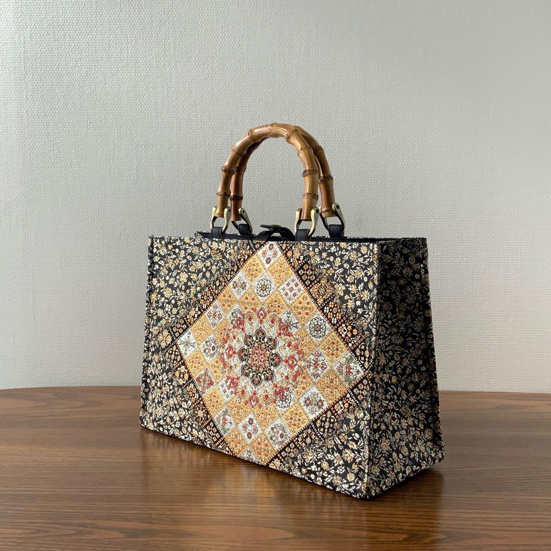 きらめく菱花文の帯　リメイク　バンブーハンドルバッグ　浅型マチ広め