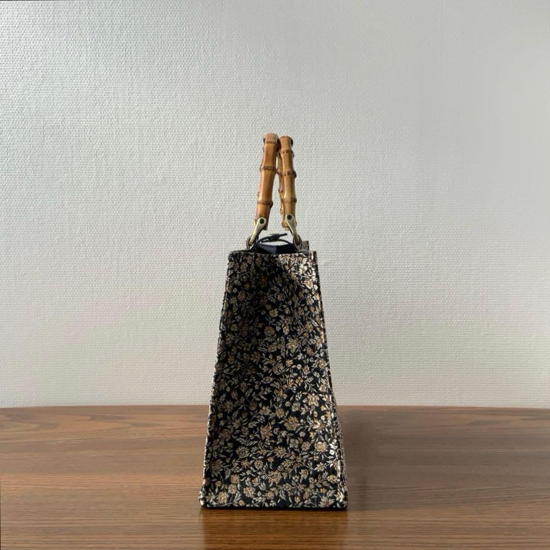 きらめく菱花文の帯　リメイク　バンブーハンドルバッグ　浅型マチ広め