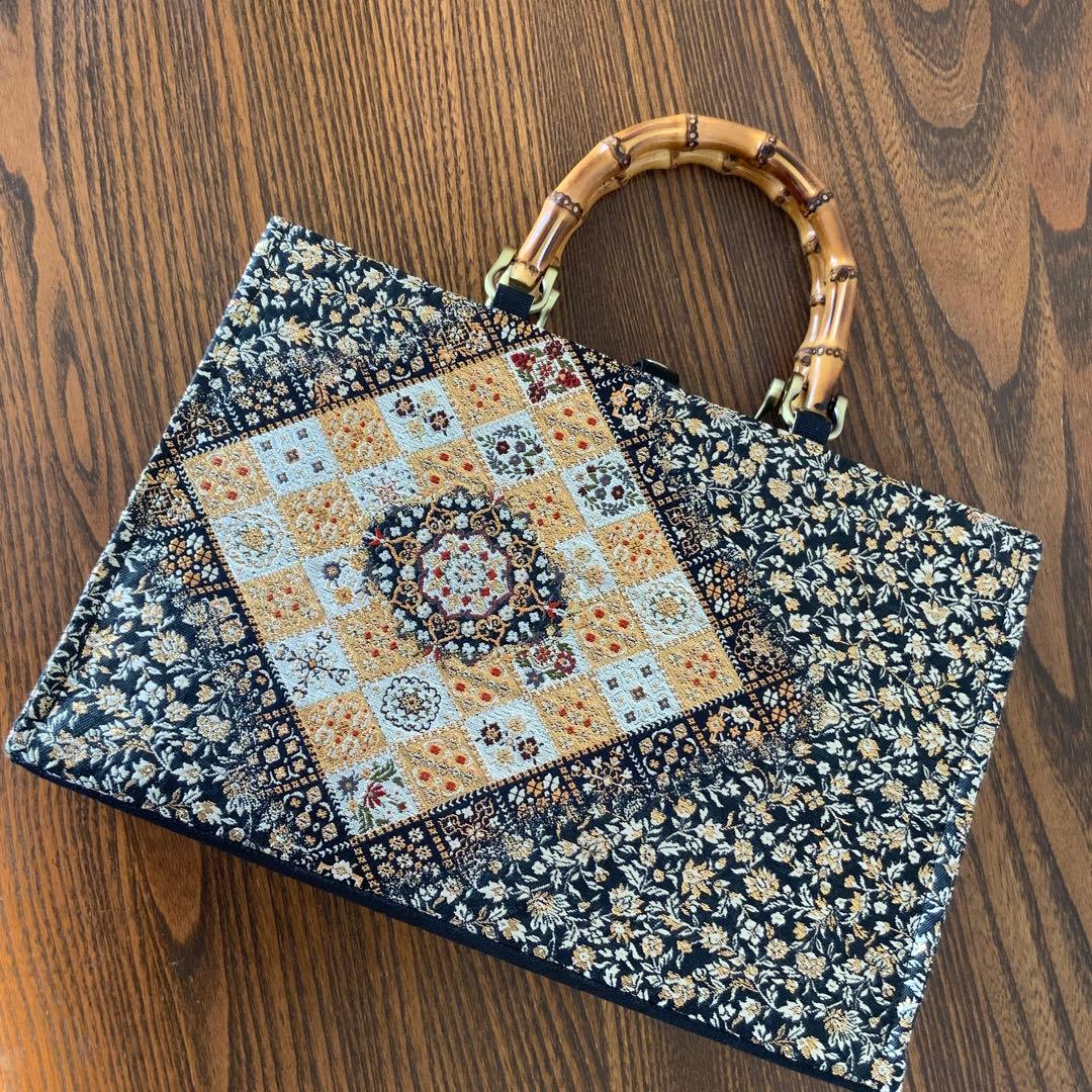 きらめく菱花文の帯　リメイク　バンブーハンドルバッグ　浅型マチ広め