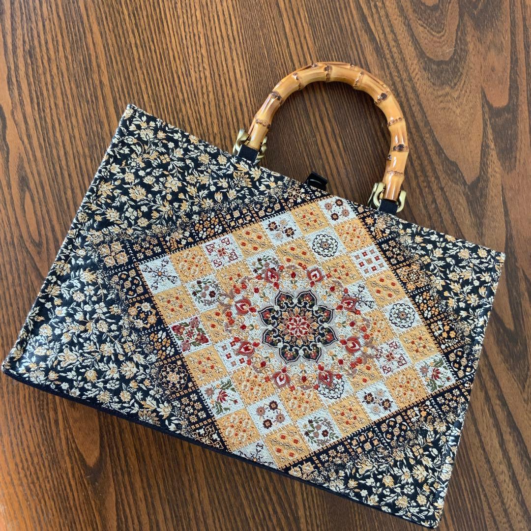 きらめく菱花文の帯　リメイク　バンブーハンドルバッグ　浅型マチ広め