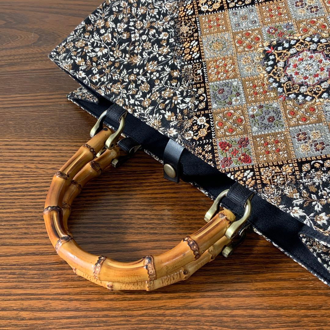 きらめく菱花文の帯　リメイク　バンブーハンドルバッグ　浅型マチ広め