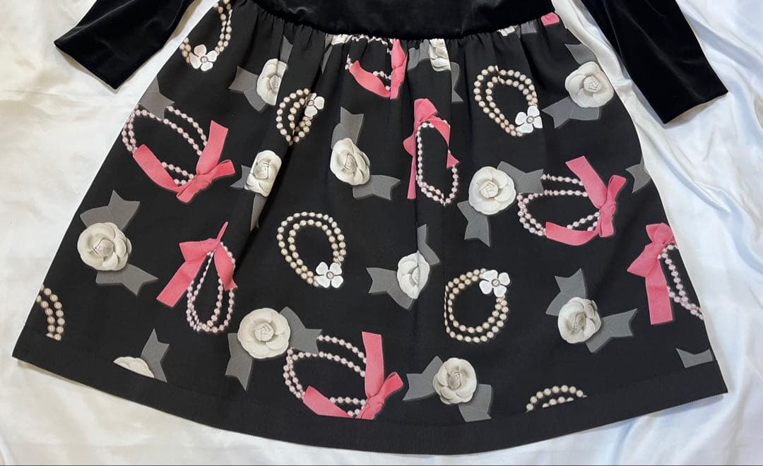 【極美品】M'S GRACY ワンピース ベロア カメリア リボン パール柄