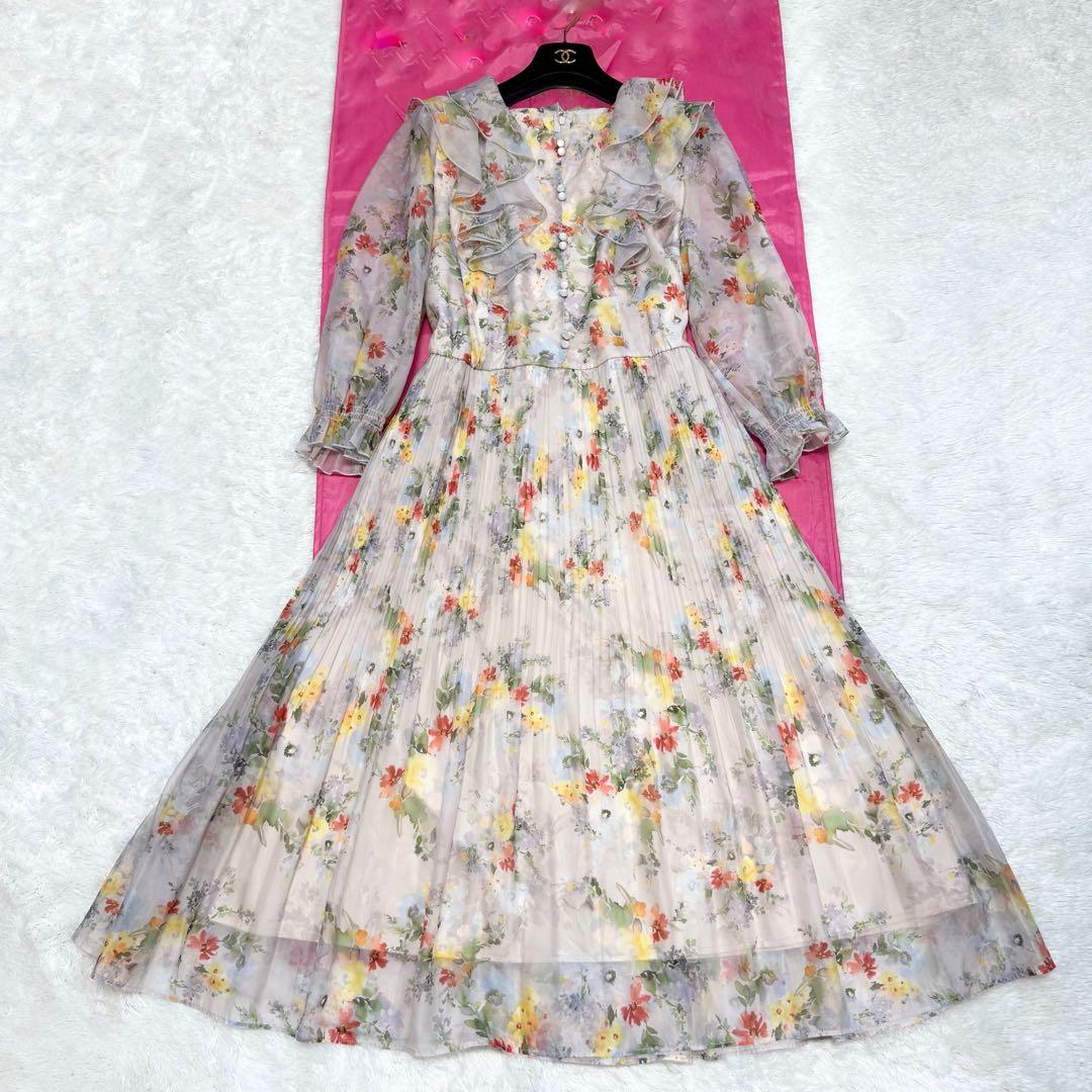 【極美品✨】ローズティアラ　フリルフラワープリーツワンピース　46