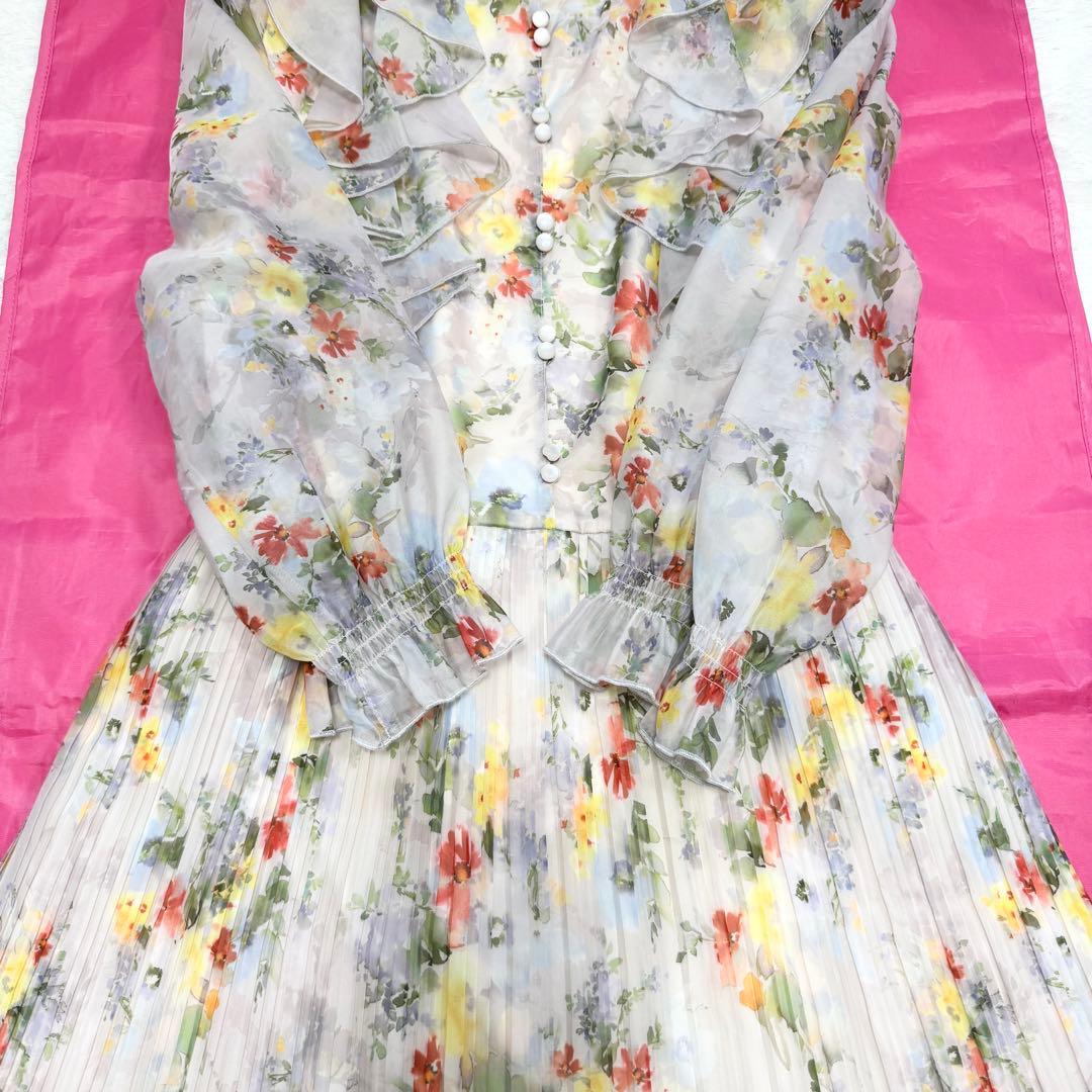 【極美品✨】ローズティアラ　フリルフラワープリーツワンピース　46