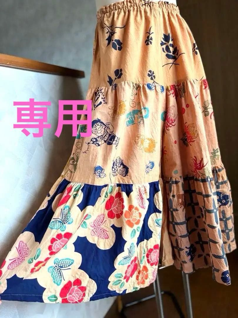 柿渋染め手ぬぐいの3段ティアードパンツ　浴衣リメイク　ゾウ　おかめ　祭り半纏