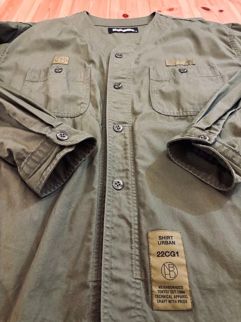 【美品】NEIGHBORHOOD collarless shirt カーキ