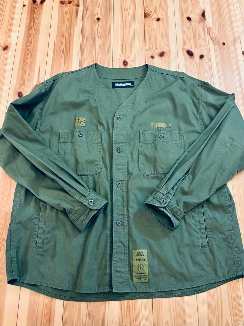 【美品】NEIGHBORHOOD collarless shirt カーキ