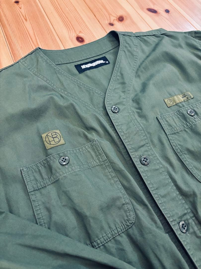 【美品】NEIGHBORHOOD collarless shirt カーキ