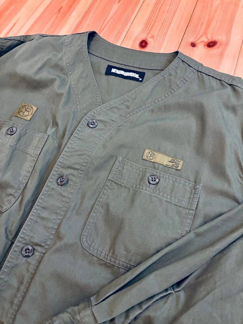 【美品】NEIGHBORHOOD collarless shirt カーキ