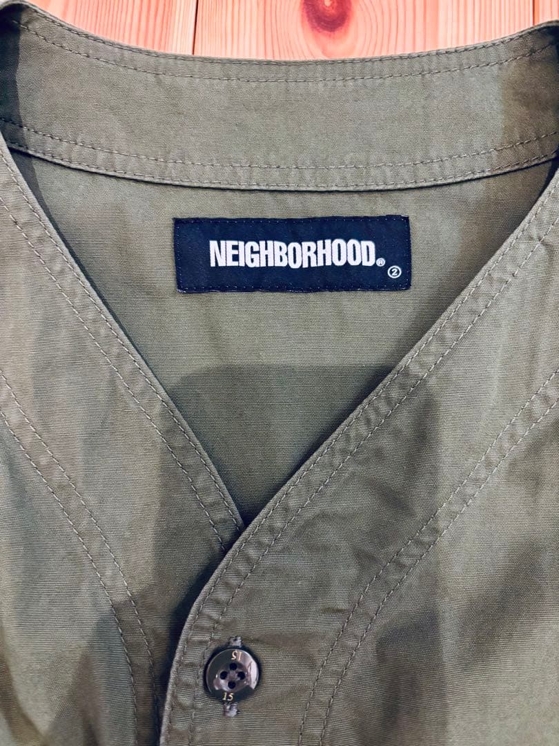 【美品】NEIGHBORHOOD collarless shirt カーキ