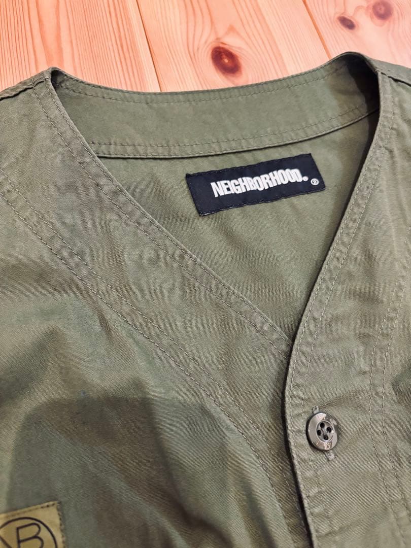 【美品】NEIGHBORHOOD collarless shirt カーキ