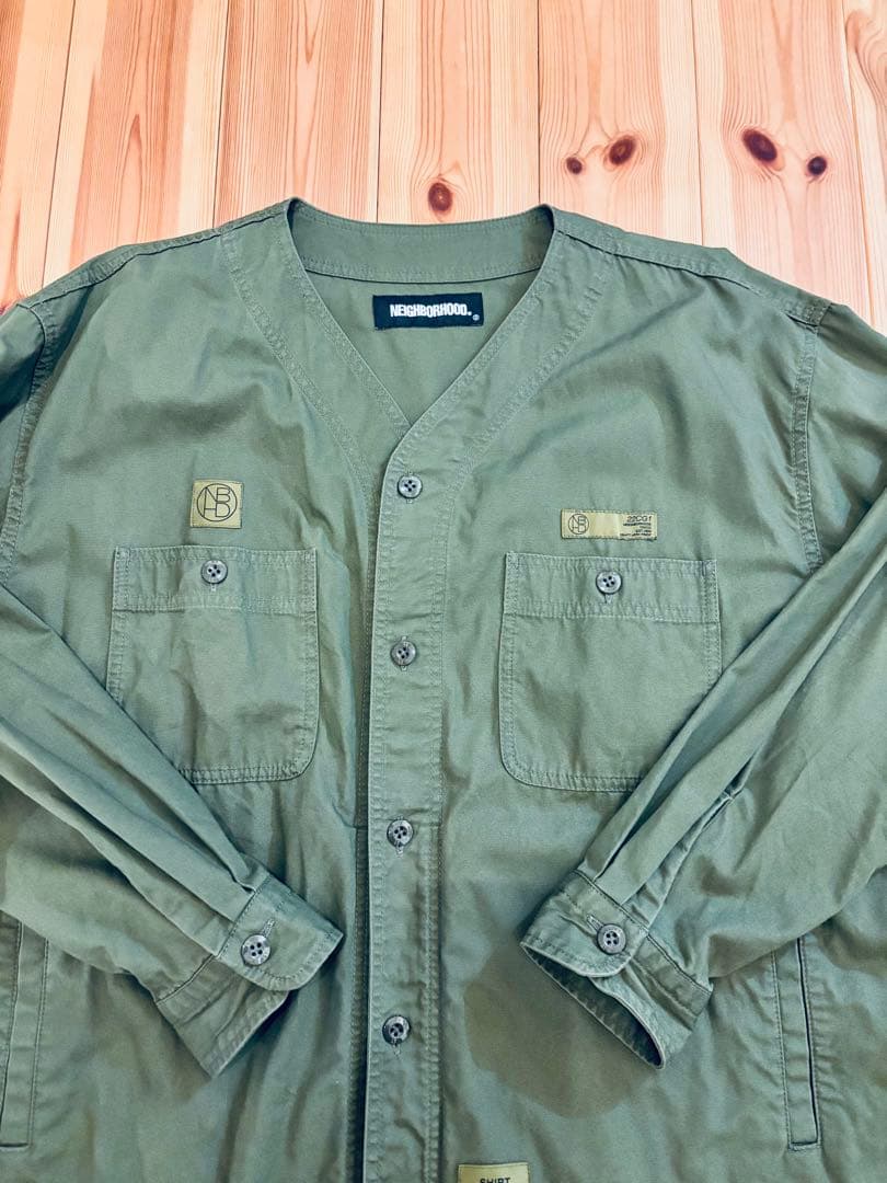【美品】NEIGHBORHOOD collarless shirt カーキ