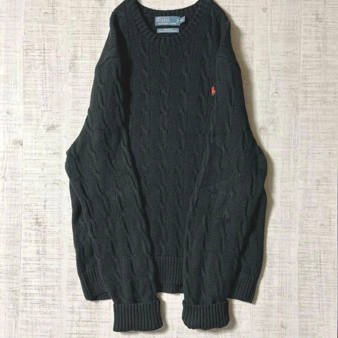 ポロラルフローレン ケーブルニット セーター 黒 綿 縄編み 大きい XXL