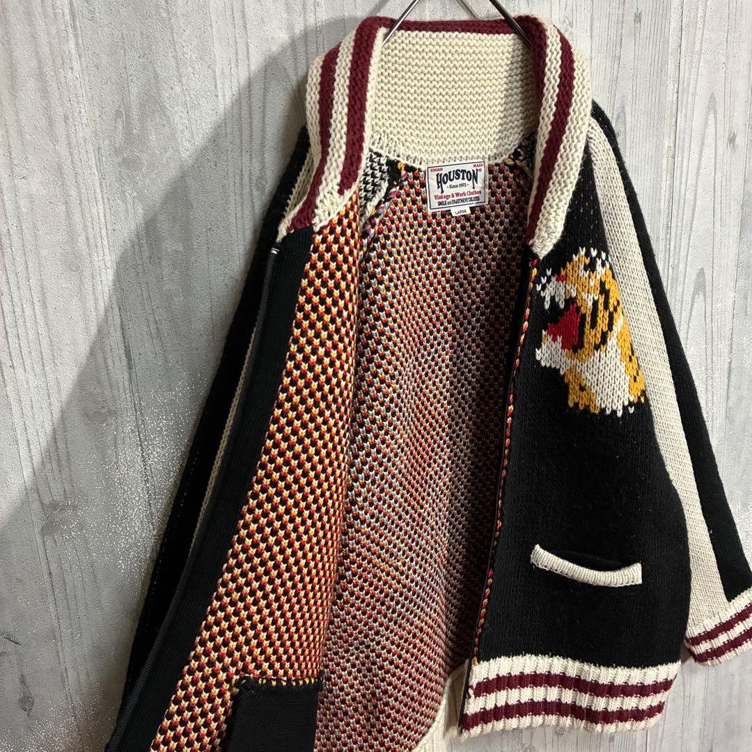 【最高デザイン】ヒューストン　ビッグタイガーロゴ　カウチンジップニット　L