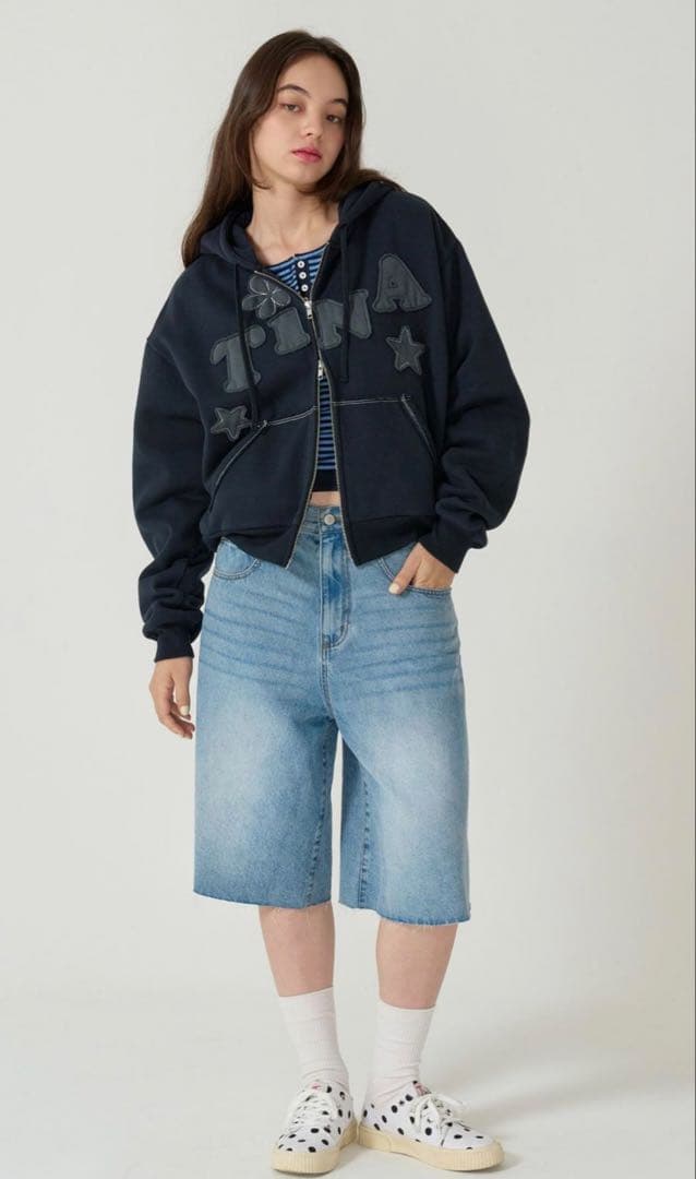 裏起毛 ロゴパッチワーク フーディー TINA：JOJUN ネイビー