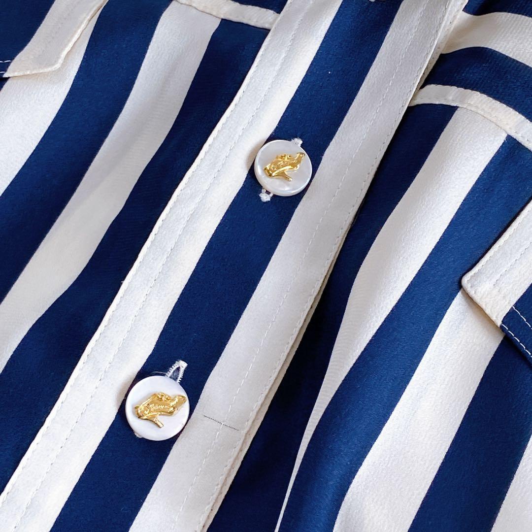 美品 フェラガモ シルク100 シャツワンピース ロゴボタン グログランリボン