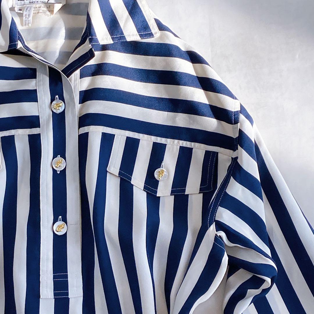 美品 フェラガモ シルク100 シャツワンピース ロゴボタン グログランリボン