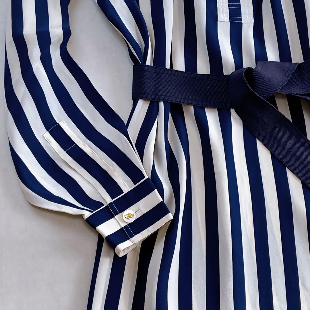 美品 フェラガモ シルク100 シャツワンピース ロゴボタン グログランリボン