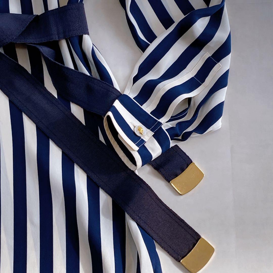 美品 フェラガモ シルク100 シャツワンピース ロゴボタン グログランリボン