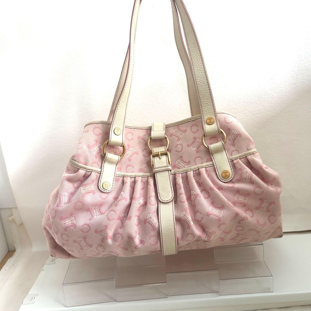 セリーヌ CELINE リリーCマカダムピンクキャンバス レザーハンドバッグ