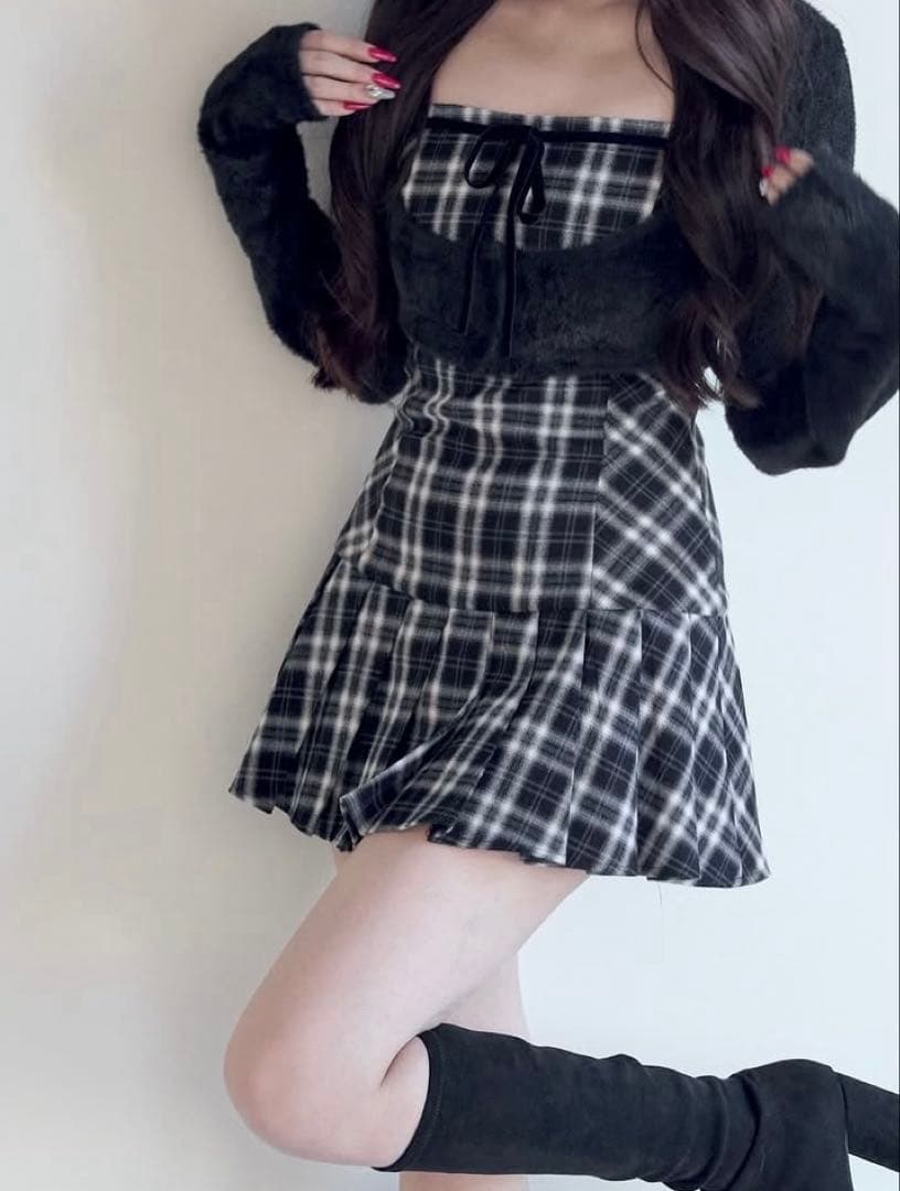 bunnylis ファーボレロチェックミニワンピース