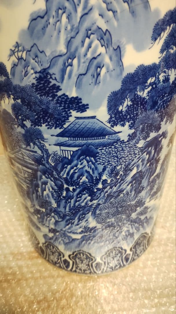 美品　有田焼 　傘立て　陶器　哲山作　染付　山水絵