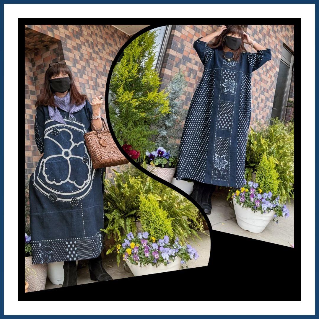 藍染家紋風呂敷♥古布リメイクワンピース　フォーウェイタイプ