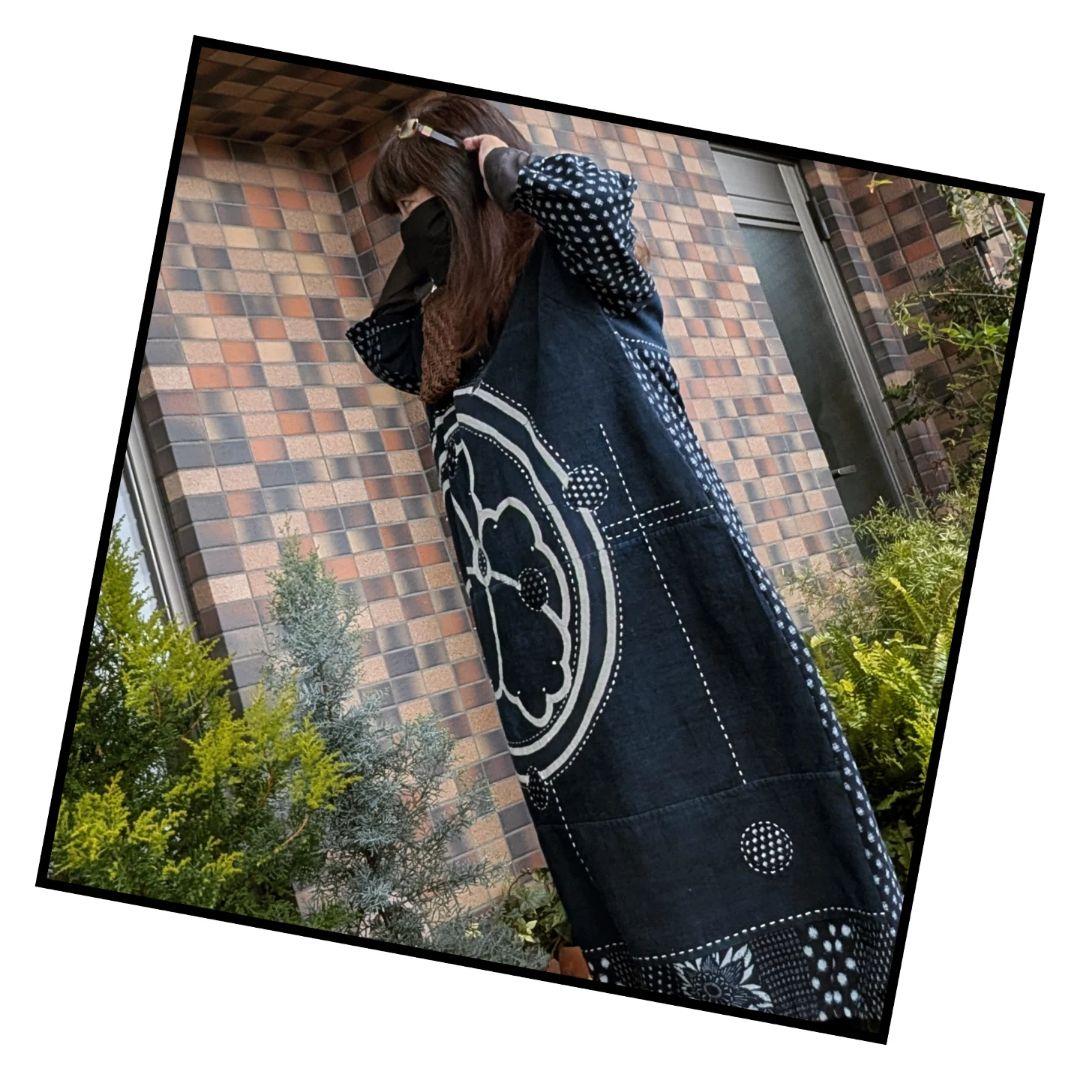 藍染家紋風呂敷♥古布リメイクワンピース　フォーウェイタイプ