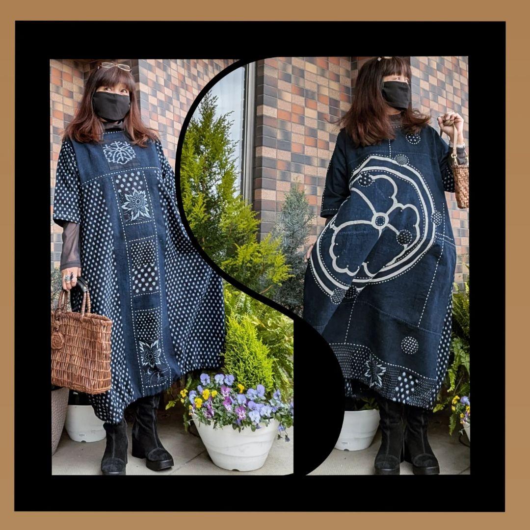 藍染家紋風呂敷♥古布リメイクワンピース　フォーウェイタイプ