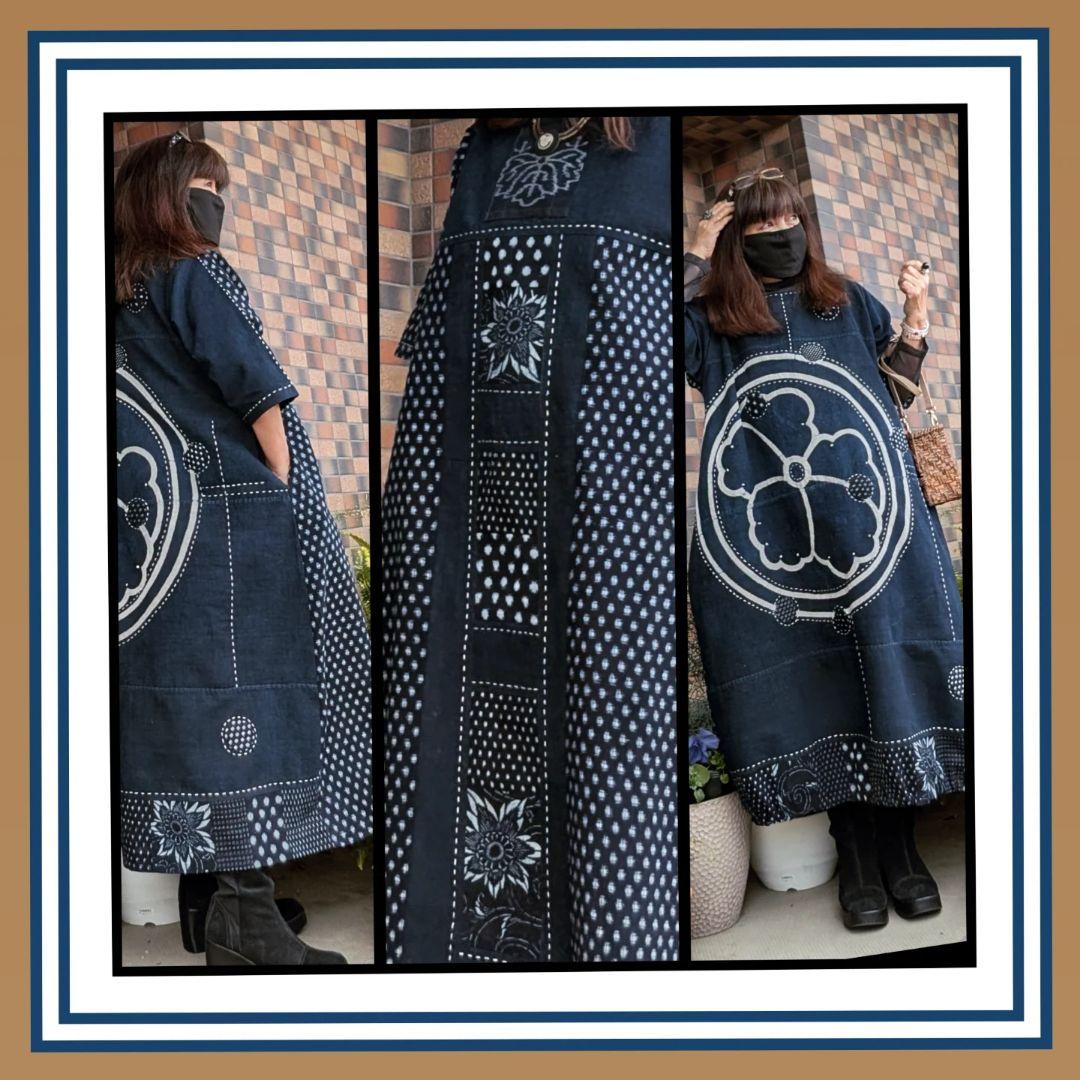 藍染家紋風呂敷♥古布リメイクワンピース　フォーウェイタイプ