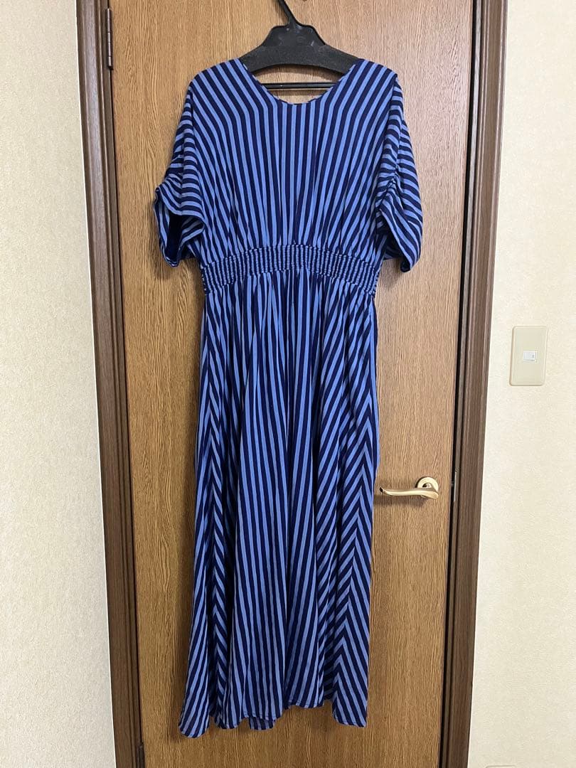 ヌキテパ コットンボイルストライプギャザードレス　ネイビー×ブルー　完売品