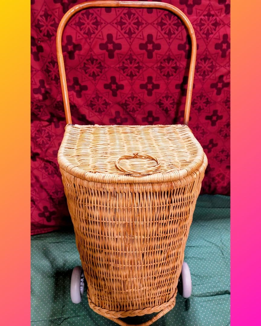 アンティーク ラタン 籐 キャリーバスケット キャリーバッグ カート