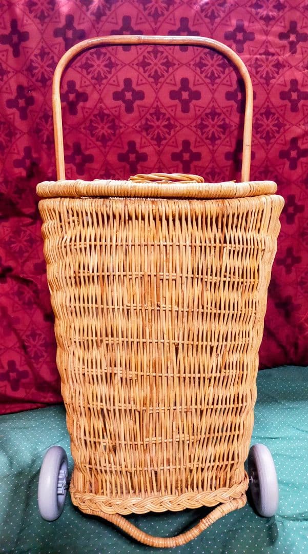 アンティーク ラタン 籐 キャリーバスケット キャリーバッグ カート
