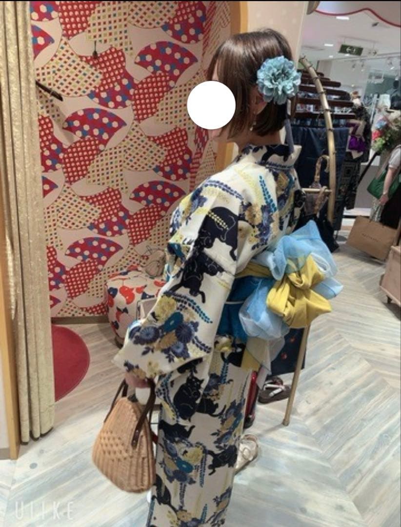 ふりふ　黒猫　浴衣　9点セット　洗える浴衣　白地　水色　黄色　兵児帯