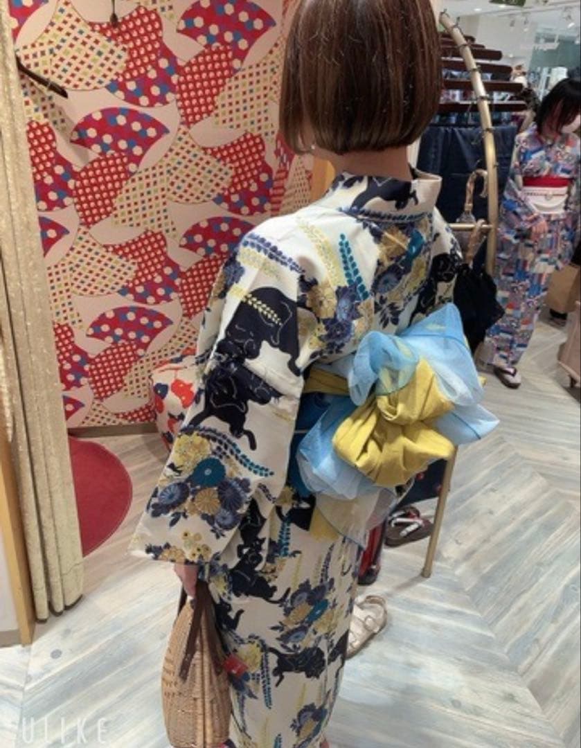 ふりふ　黒猫　浴衣　9点セット　洗える浴衣　白地　水色　黄色　兵児帯