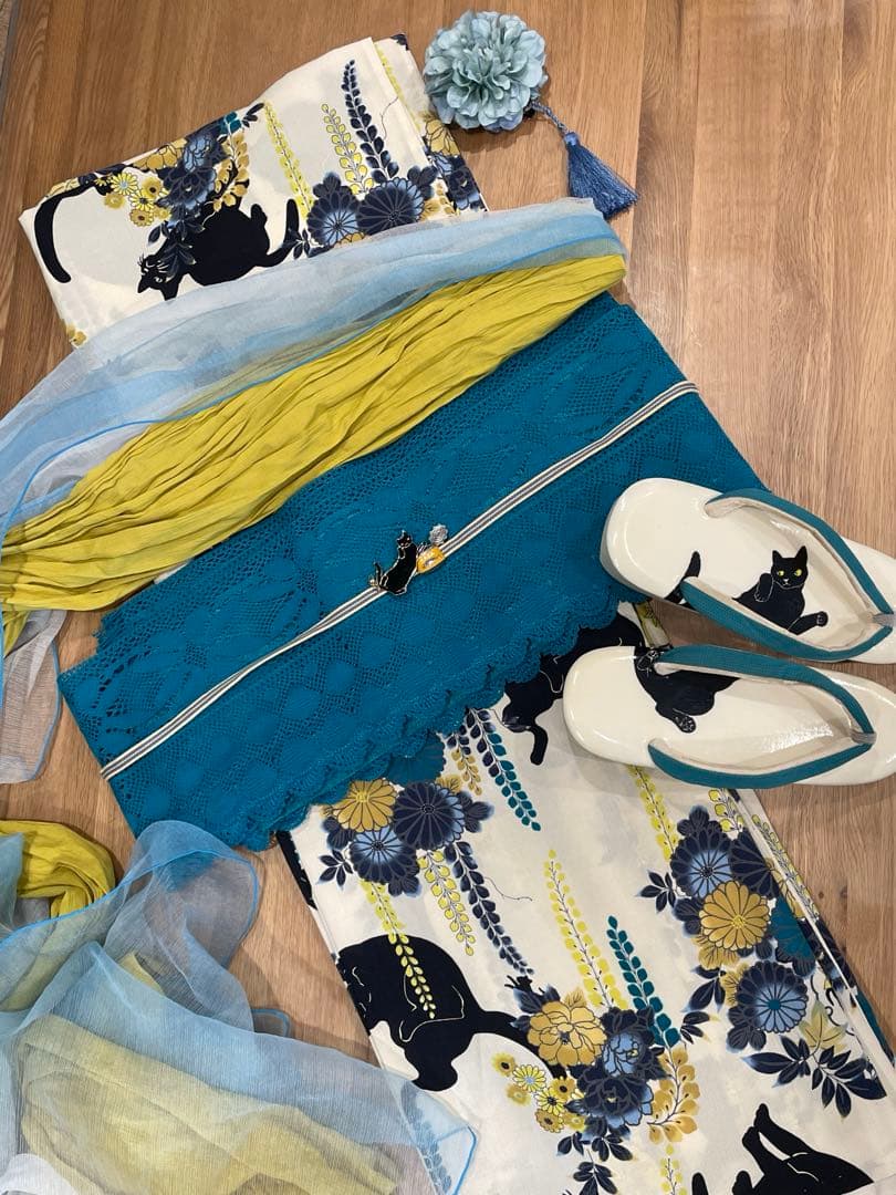 ふりふ　黒猫　浴衣　9点セット　洗える浴衣　白地　水色　黄色　兵児帯