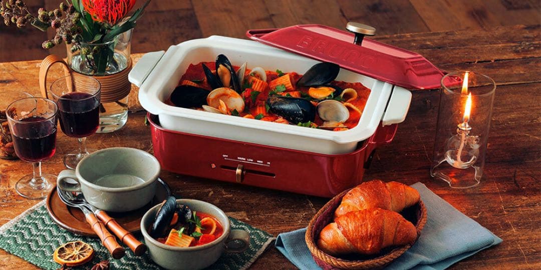 BRUNO コンパクトホットプレート赤&セラミックコート鍋セット