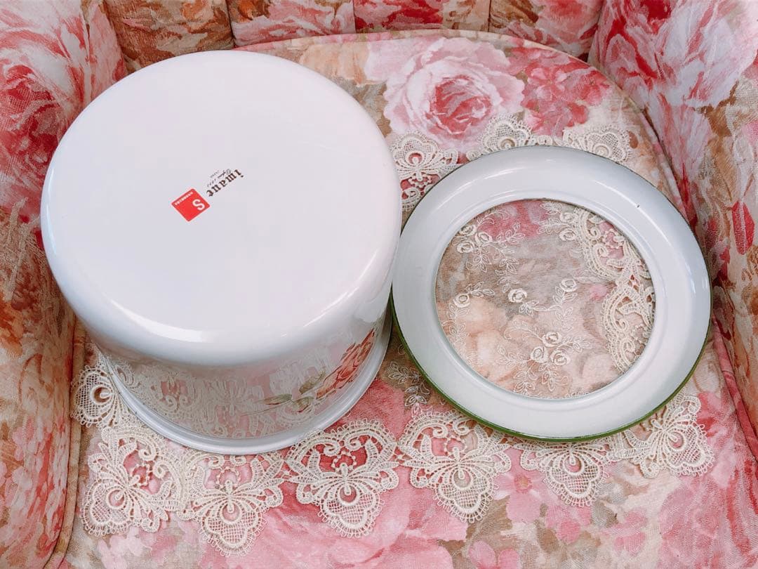 最終価格❣️フリルカバー付 イマンimaneイヴ ダスト缶 ホーロートラッシュ缶