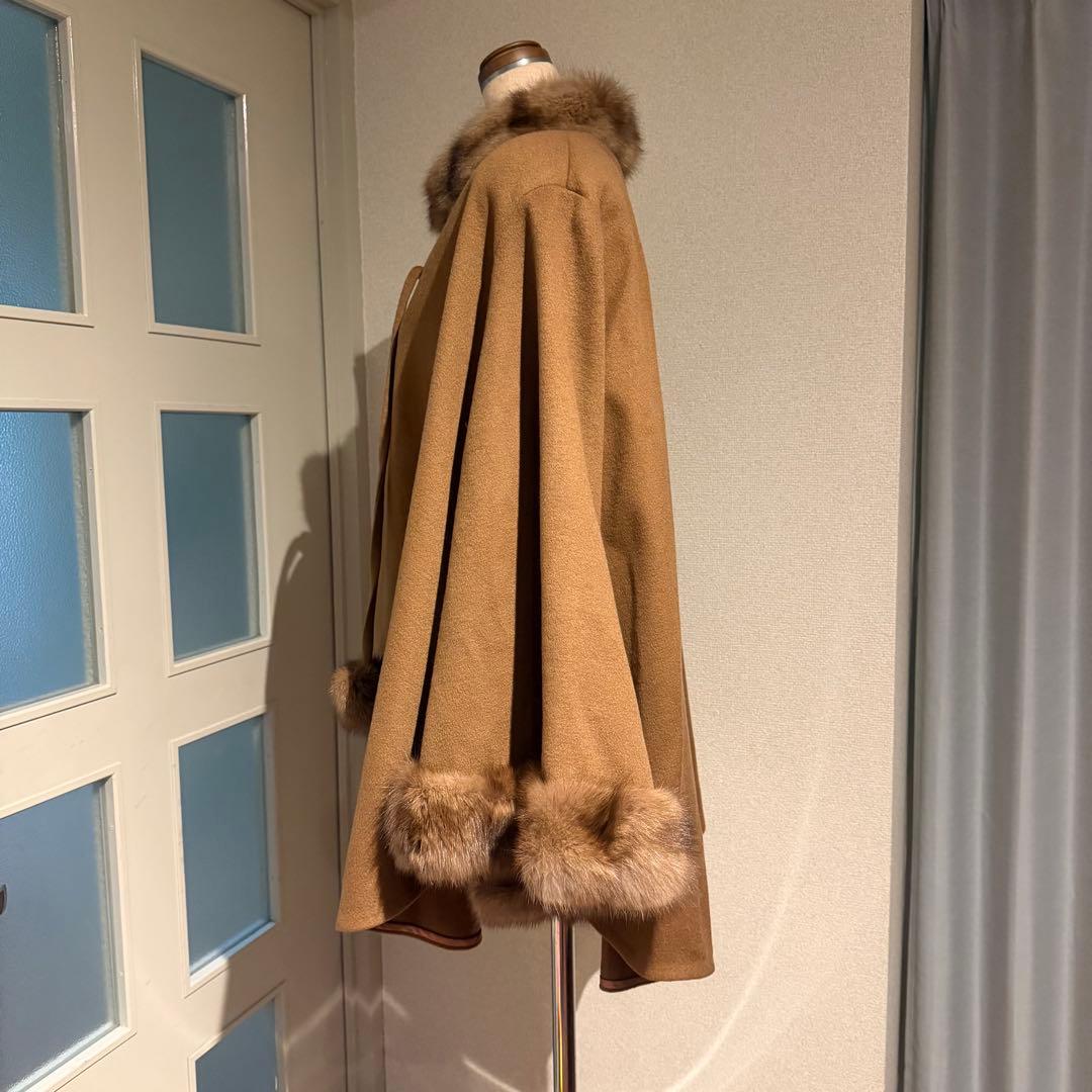 d*3様 美品 カシミア100% ファーポンチョ キャメル系