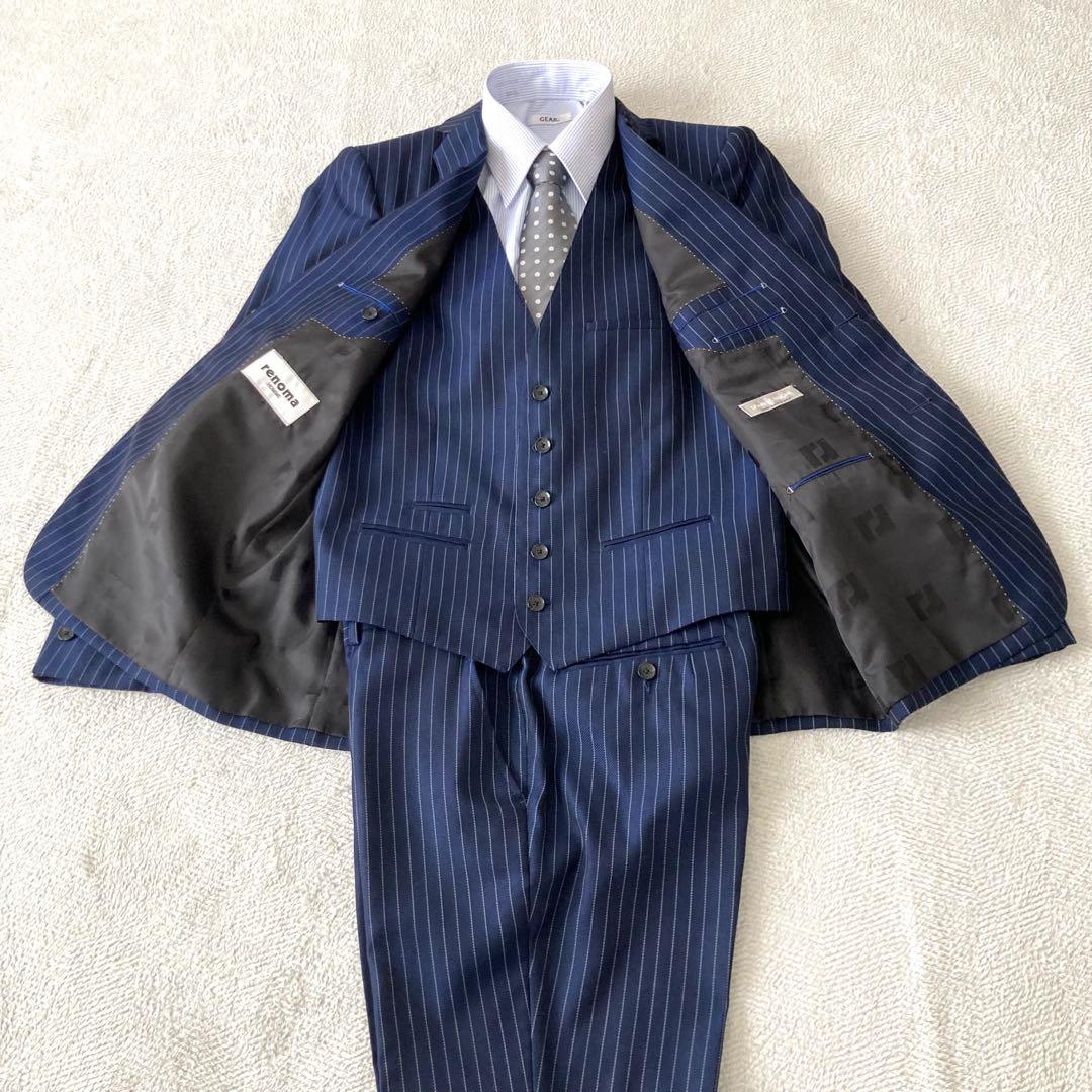 ✨美品✨ remoa HOMME 3ピース スーツ ネイビーストライプ AB5